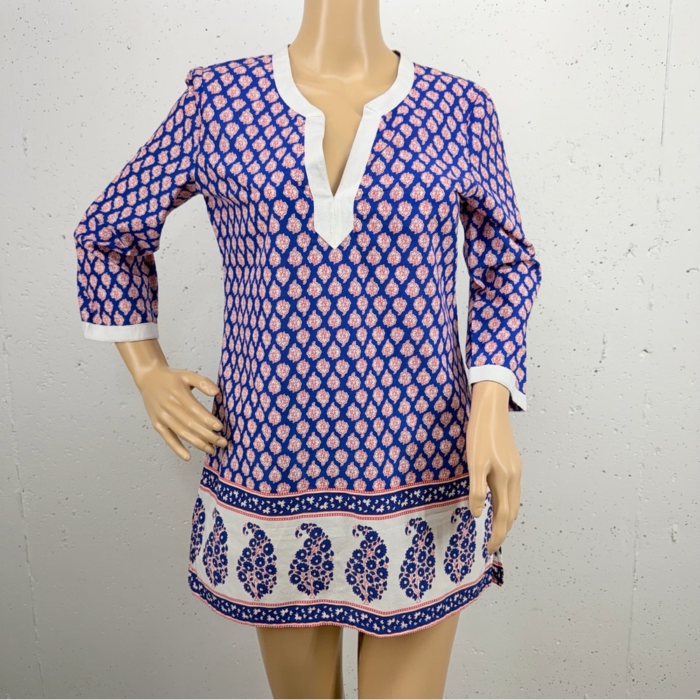 J. Crew Factory size XS Red White & Blue Floral Paisley Print Poplin Tunic Top